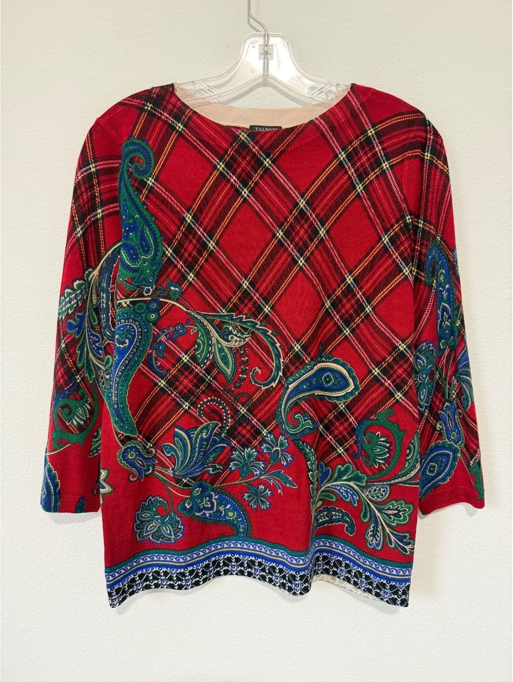 Talbots 100% Merino Wool 3/4 Sleeve Plaid/Floral Paisley Sweater Size L petite